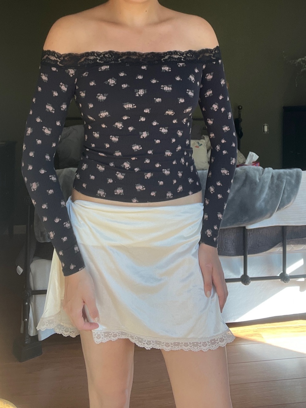 Hollister black off the shoulder ribbed floral lace long sleeve top